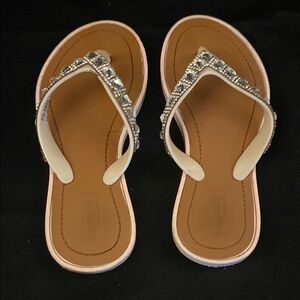 Capelli of New York Brown and White Bejeweled Flip Flops